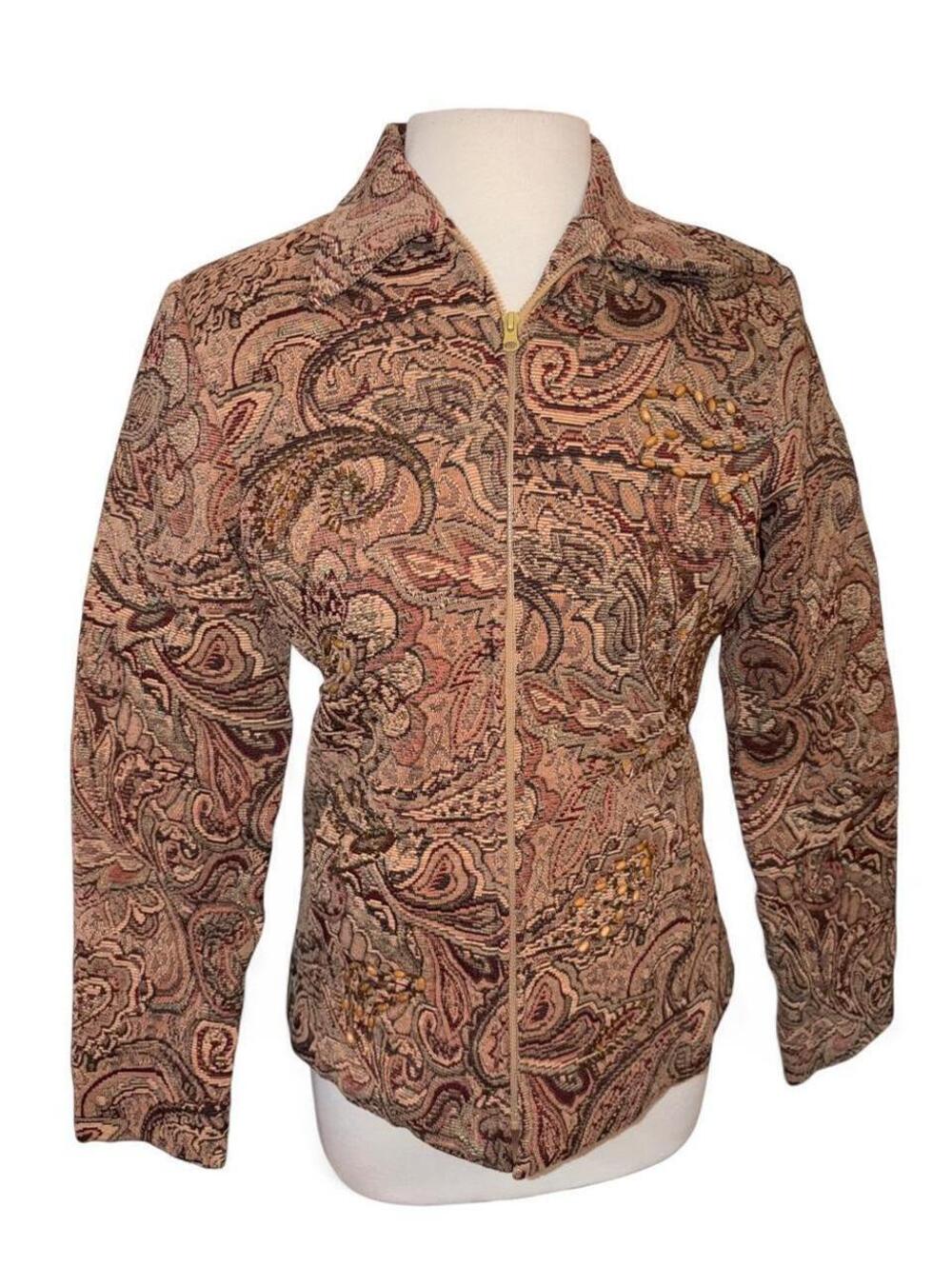 Vintage Ellen Figg Paisley Tapestry Zip-Up Jacket with Beaded & Sequin Accents
